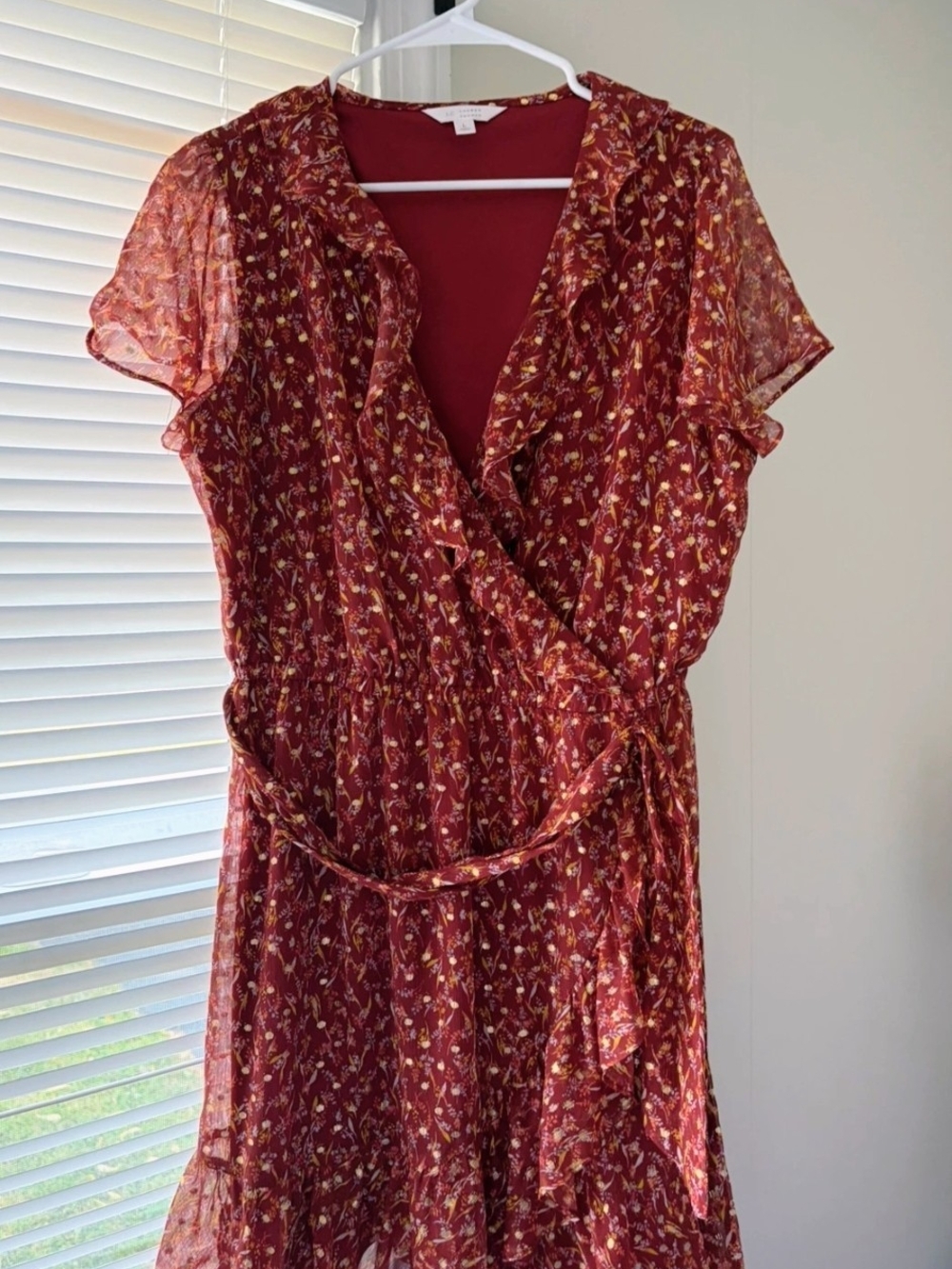 LC Lauren Conrad Burgundy Floral Wrap Midi Dress with Gold Accents Boho